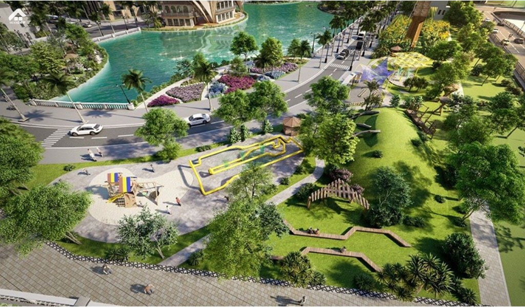 Hồ điều hòa và công viên xanh nổi bật giữa dự án