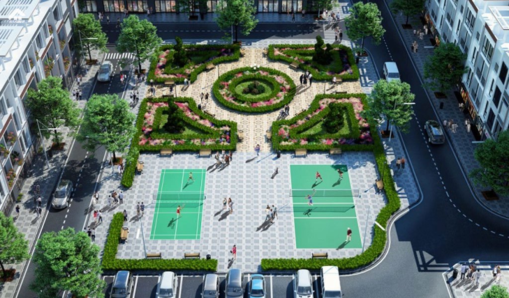 Không gian xanh phủ khắp và sân thể thao tại khu đô thị Hoàng Vương